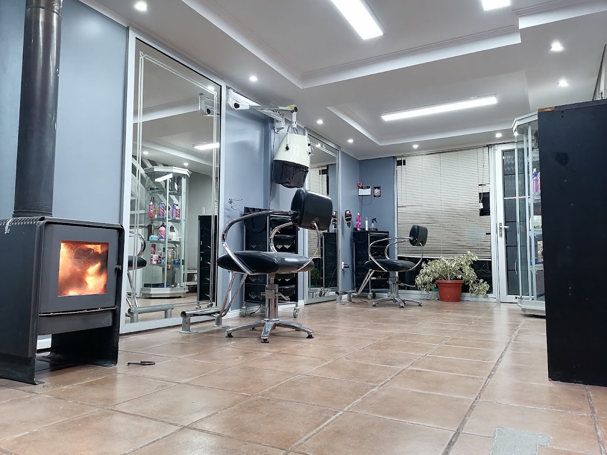 Interior acogedor del Salón de Belleza Sergio con estufa a leña