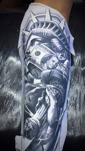 Tatuaje en blanco y negro en pierna, trabajo de ISC Barr Tattoo